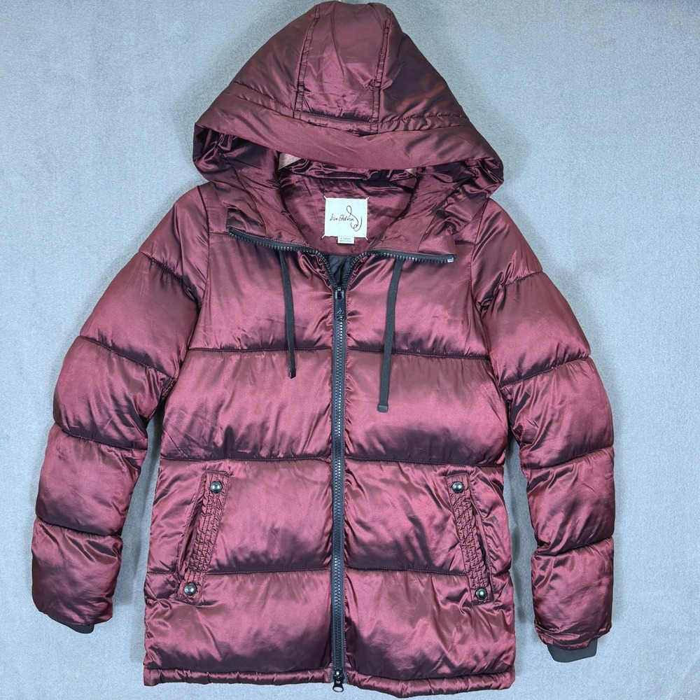 Sam Edelman Puffer Jacket Women XS Burgundy Metallic Hooded Quilted Winter Coat